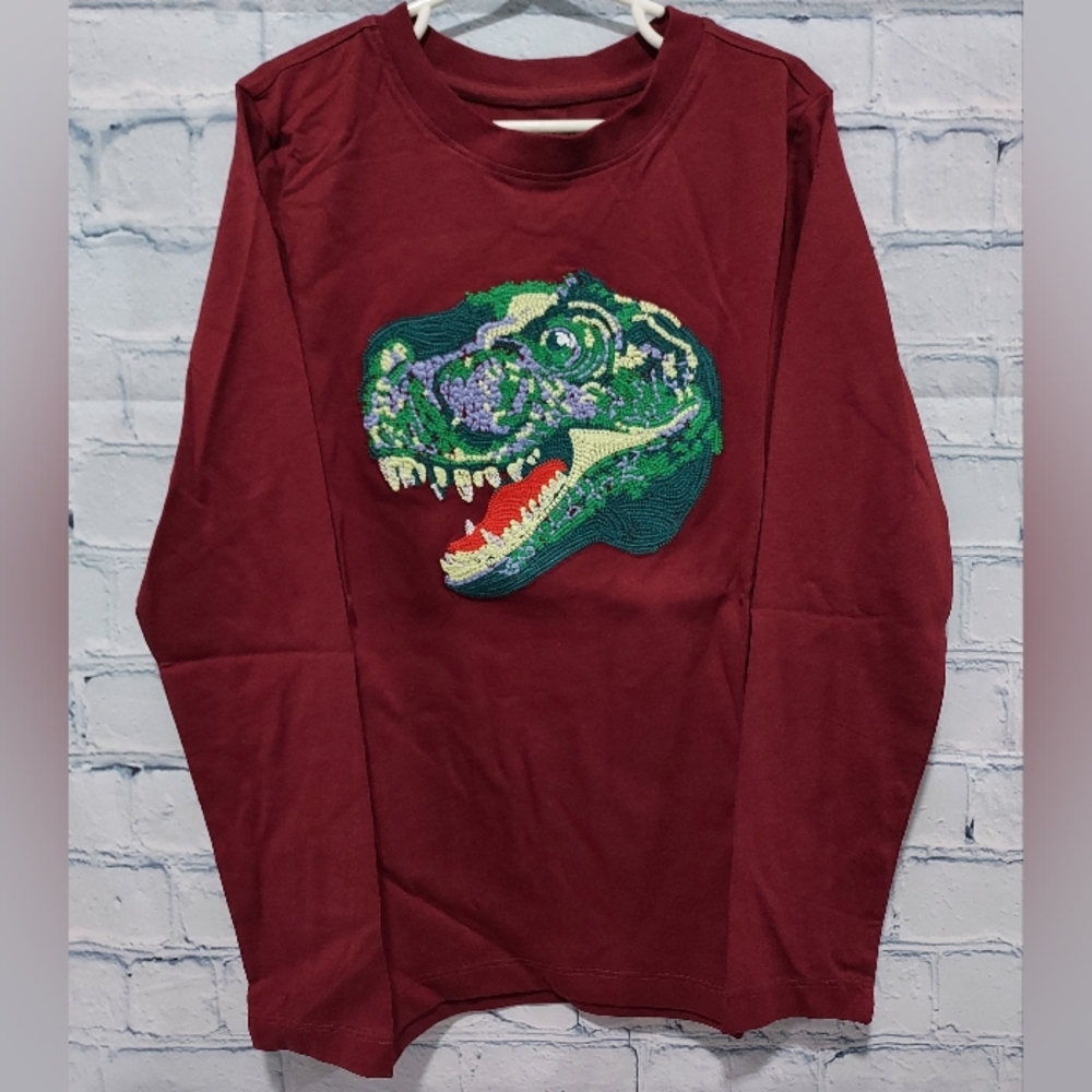 Lands' End Boys Size 8 T Shirt Long Sleeves Fall Cold Weather Maroon Dinosaur
